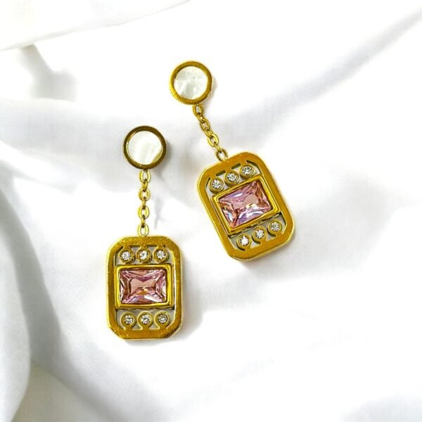 Regal Pink Zircon Stone Drop Earrings – 14K Gold-Tone Polish Glam Premium Statement