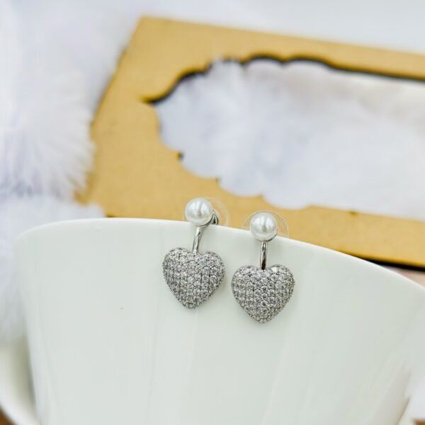 Silver Crystal Heart Drop Earrings with Pearl Stud
