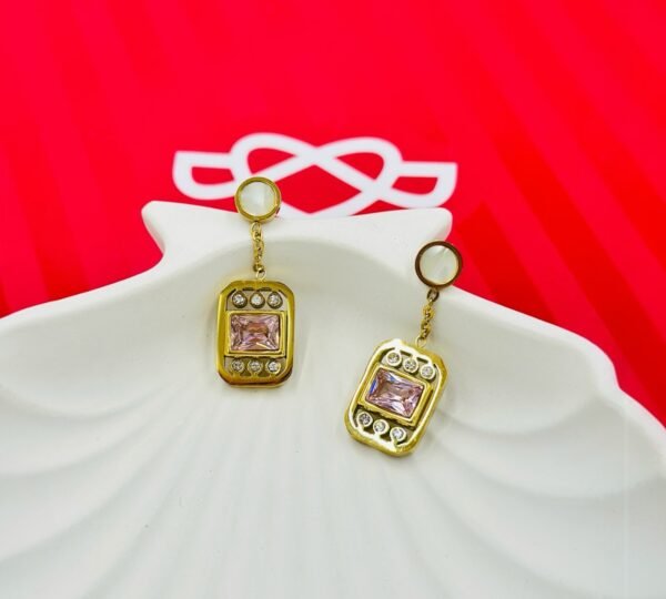 Regal Pink Zircon Stone Drop Earrings – 14K Gold-Tone Polish Glam Premium Statement