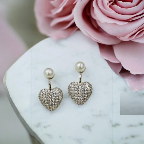 Silver Crystal Heart Drop Earrings with Pearl Stud