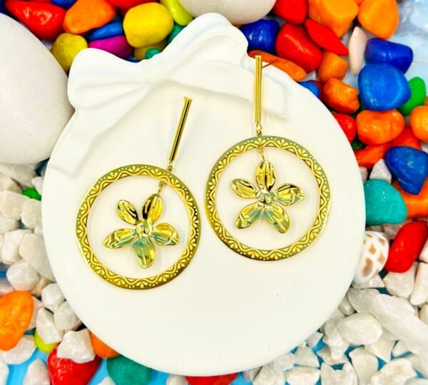 Golden hooped dangler earrings with a delicate flower centerpiece – crafted from hypoallergenic stainless steel for comfort and style