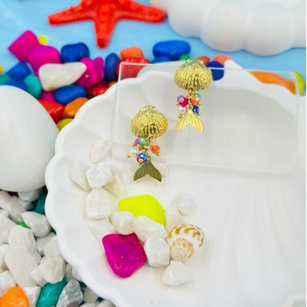 Fish shape Gold earring embellished with colorful beads and crafted from durable, hypoallergenic gold stainless stee