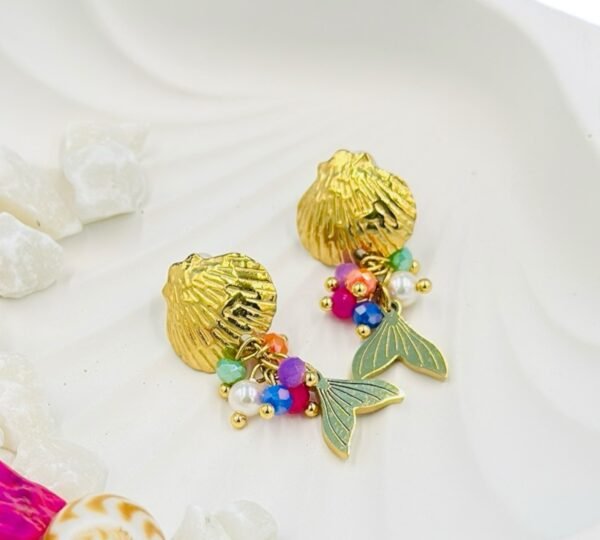 Fish shape Gold earring embellished with colorful beads and crafted from durable, hypoallergenic gold stainless stee
