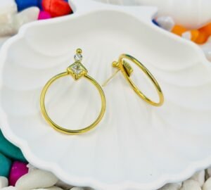 Elegant golden hoop danglers crafted from stainless steel, featuring a sparkling diamond