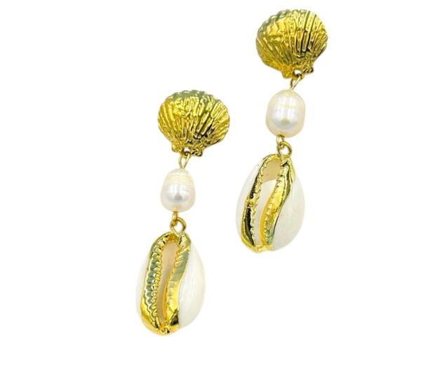 Stylish beachwear jewelry featuring a delicate multiple  shell, natural pearl, and coral charm