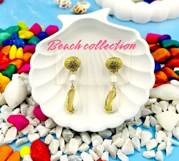 Stylish beachwear jewelry featuring a delicate multiple  shell, natural pearl, and coral charm