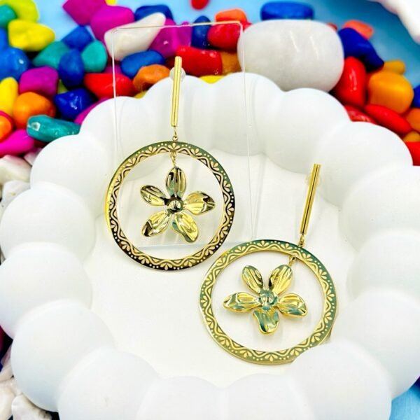 Golden hooped dangler earrings with a delicate flower centerpiece – crafted from hypoallergenic stainless steel for comfort and style