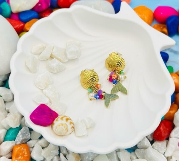 Fish shape Gold earring embellished with colorful beads and crafted from durable, hypoallergenic gold stainless stee