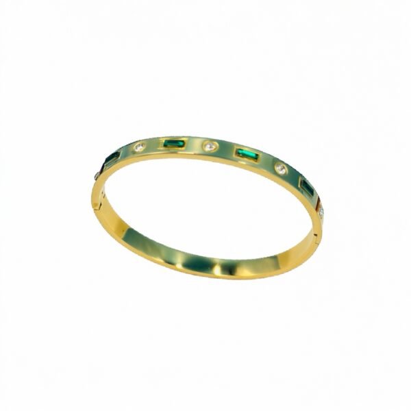 Gold bracelet featuring vibrant green colour rectangular shape diamonds – made from tarnish-free, hypoallergenic stainless steel