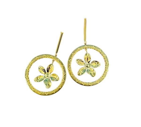 Golden hooped dangler earrings with a delicate flower centerpiece – crafted from hypoallergenic stainless steel for comfort and style