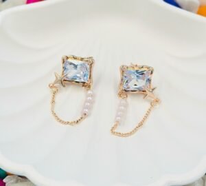 square diamond rose gold earrings with a dainty drop chain design, embellished with shimmering diamond