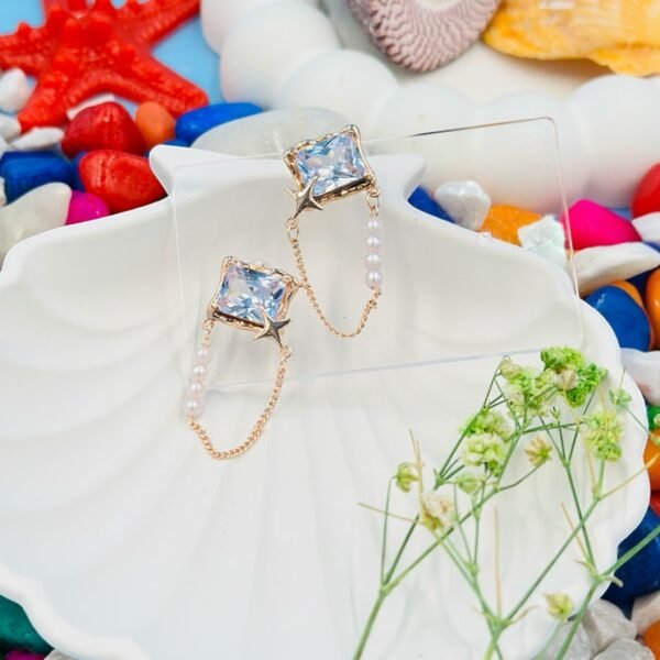 square diamond rose gold earrings with a dainty drop chain design, embellished with shimmering diamond