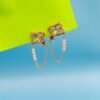square diamond rose gold earrings with a dainty drop chain design, embellished with shimmering diamond