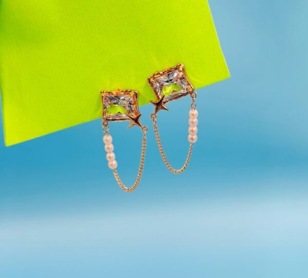 square diamond rose gold earrings with a dainty drop chain design, embellished with shimmering diamond