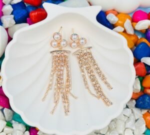Dazzling long chain drop earrings in rose-gold, beautifully studded with sparkling diamonds