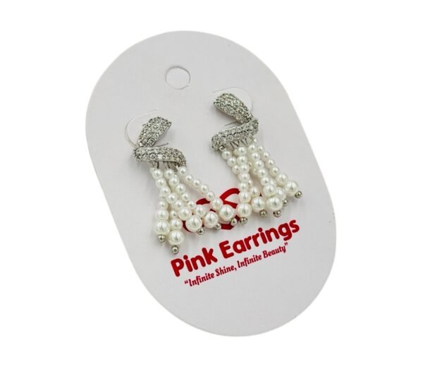 Triangular-multi-diamonds-with-pearl-chains Pearl Chains Cascade Zircon Bow Earrings – Silver Finish