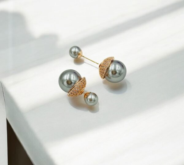 Elegant Dual Grey Pearl Stud Earrings – Rose Gold Finish