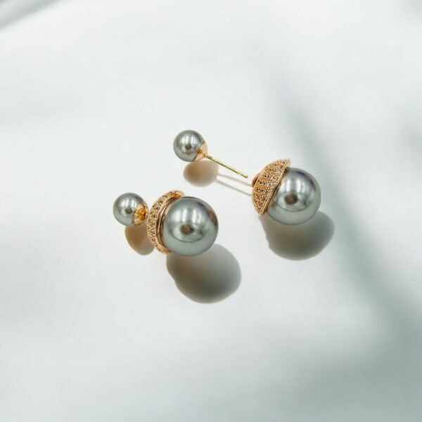 Elegant Dual Grey Pearl Stud Earrings – Rose Gold Finish