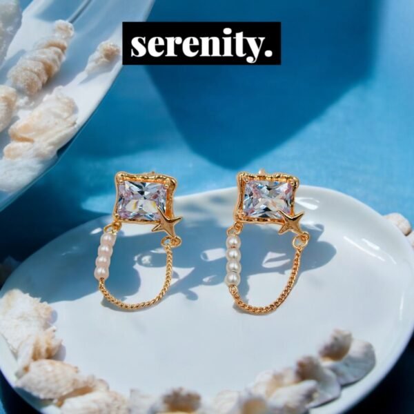 Star Charm Chain Earrings with White Diamond Crystal & Pearl Accents