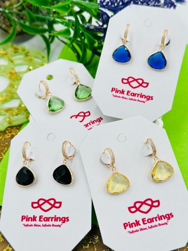 Crystal Stone RoseGold Drop Earrings – Stainless Steel Elegance (Yellow/Green/Black/Blue)