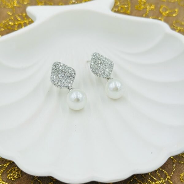 Diamond Shine Pearl Drop Earrings – Silver Tone