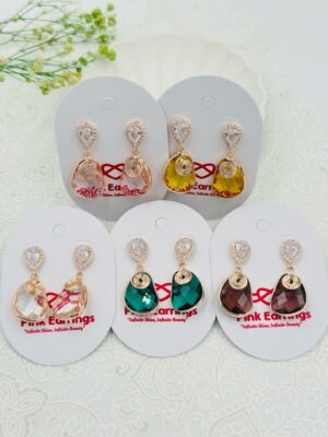 Elegant Crystal Spiral Teardrop Earrings – Stainless Steel Dangles (Pink, Yellow, White, Green, Brown)