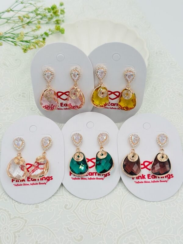 Elegant Crystal Spiral Teardrop Earrings – Stainless Steel Dangles (Pink, Yellow, White, Green, Brown)