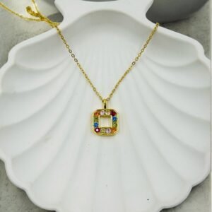 Rainbow Spark Square Pendant Necklace – Gold Stainless Steel Chain (Adjustable 16–18 Inches)