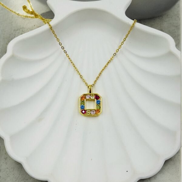 Rainbow Spark Square Pendant Necklace – Gold Stainless Steel Chain (Adjustable 16–18 Inches)