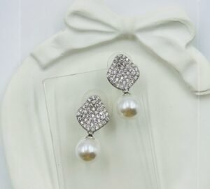 Diamond Shine Pearl Drop Earrings – Silver Tone