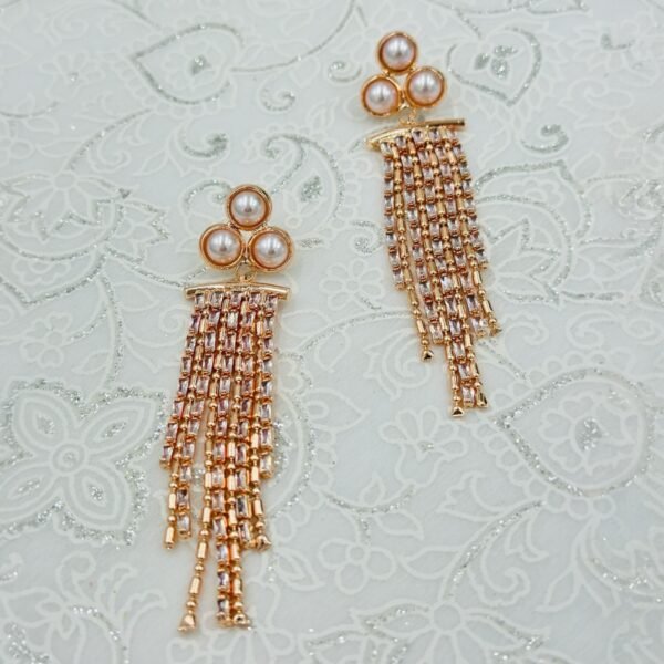 Pearl Glam Long-chain Tassel Dangler Earrings – Rose Gold Finish with small crystals
