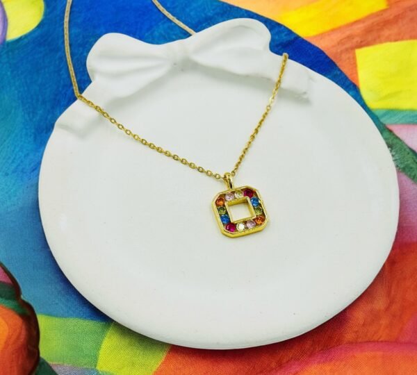 Rainbow Spark Square Pendant Necklace – Gold Stainless Steel Chain (Adjustable 16–18 Inches)