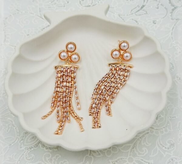 Pearl Glam Long-chain Tassel Dangler Earrings – Rose Gold Finish with small crystals