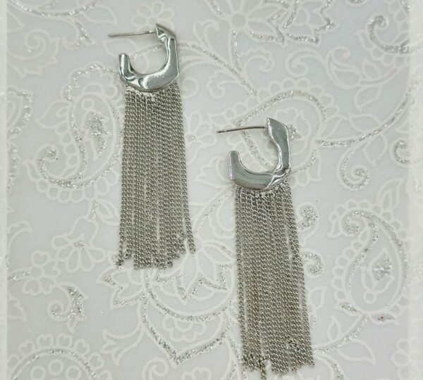 Silver Shine Long Chain Tassel Hoop Earrings – Glossy Finish