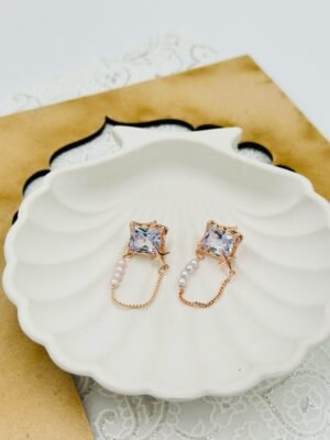 Star Charm Chain Earrings with White Diamond Crystal & Pearl Accents