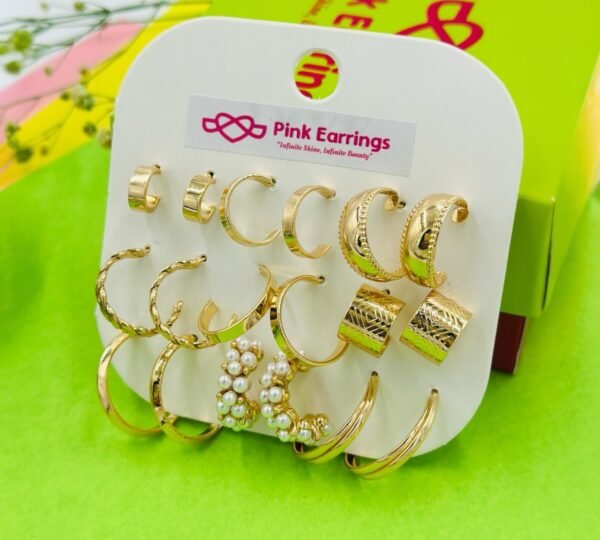 Gold-Tone Half Hoop & Pearl Earring Set – 9 Pairs Combo Pack