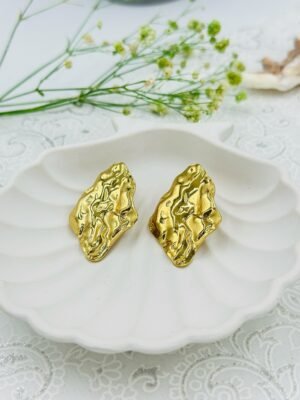 Molten Flow/ Crumpled Textured Gold Stud Earrings – Stainless Steel, Anti-Tarnish