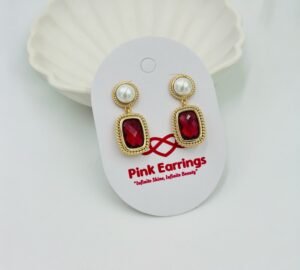 Royal Red Pearl Drop Earrings – Vintage 18K Gold-Tone Polish Frame (Premium Statement)