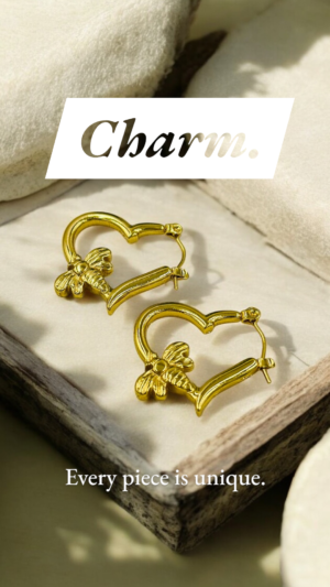 Gold Heart Hoop Earrings with Bee Charm – Stainless Steel