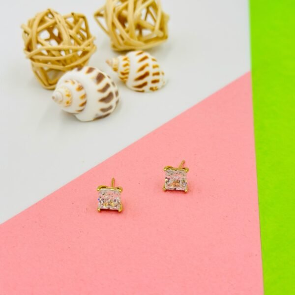 White Princess Cut Stud Earrings | Gold Polish | 6mm Square | Anti-Tarnish Stainless Steel