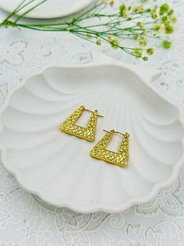 Anti-Tarnish Embossed Gold Stainless Steel Square Hoop Earrings