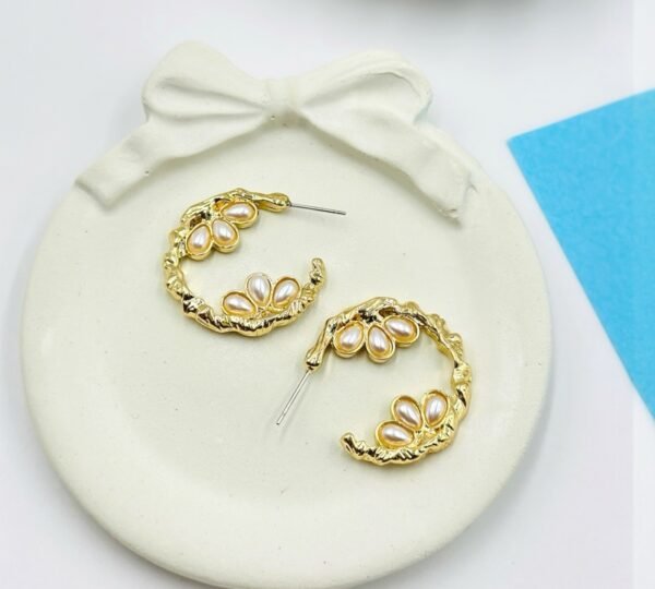 Baroque Bloom Pearl Hoops – Textured Gold Half Hoops with Cluster Pearls