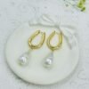 Gold Drop Hoop Earrings with Baroque Pearl