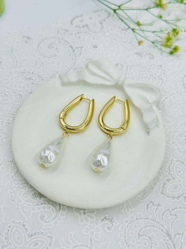 Gold Drop Hoop Earrings with Baroque Pearl