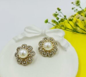 Bloom Radiance Pearl Studs – Floral Crystal Frame with Pearl Center