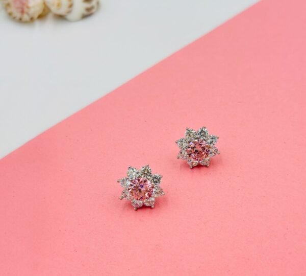 blush-bloom-starburst-stud-earrings-closeup-PinkEarrings Blush Bloom Starburst Stud Earrings – Pink Round Crystal with Petal Halo (Statement)