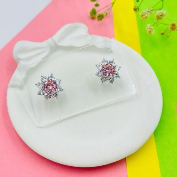 blush-bloom-starburst-stud-earrings-front-Pink-Earrings Blush Bloom Starburst Stud Earrings – Pink Round Crystal with Petal Halo (Statement)