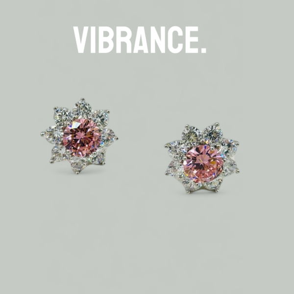 blush-bloom-starburst-stud-earrings-on-model Blush Bloom Starburst Stud Earrings – Pink Round Crystal with Petal Halo (Statement)