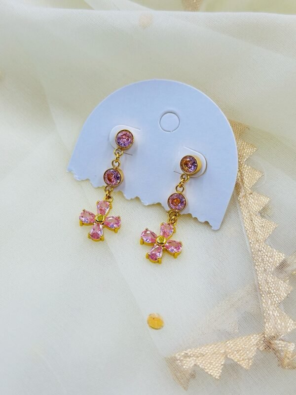 Pink Floral Drop Earrings – Gold-Plated Stainless Steel with Crystal Accents