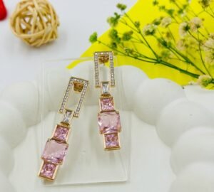Blush Prism Geometric Earrings – Pink Stone Statement Drops - 18K Gold-Tone Polish (Premium Statement)